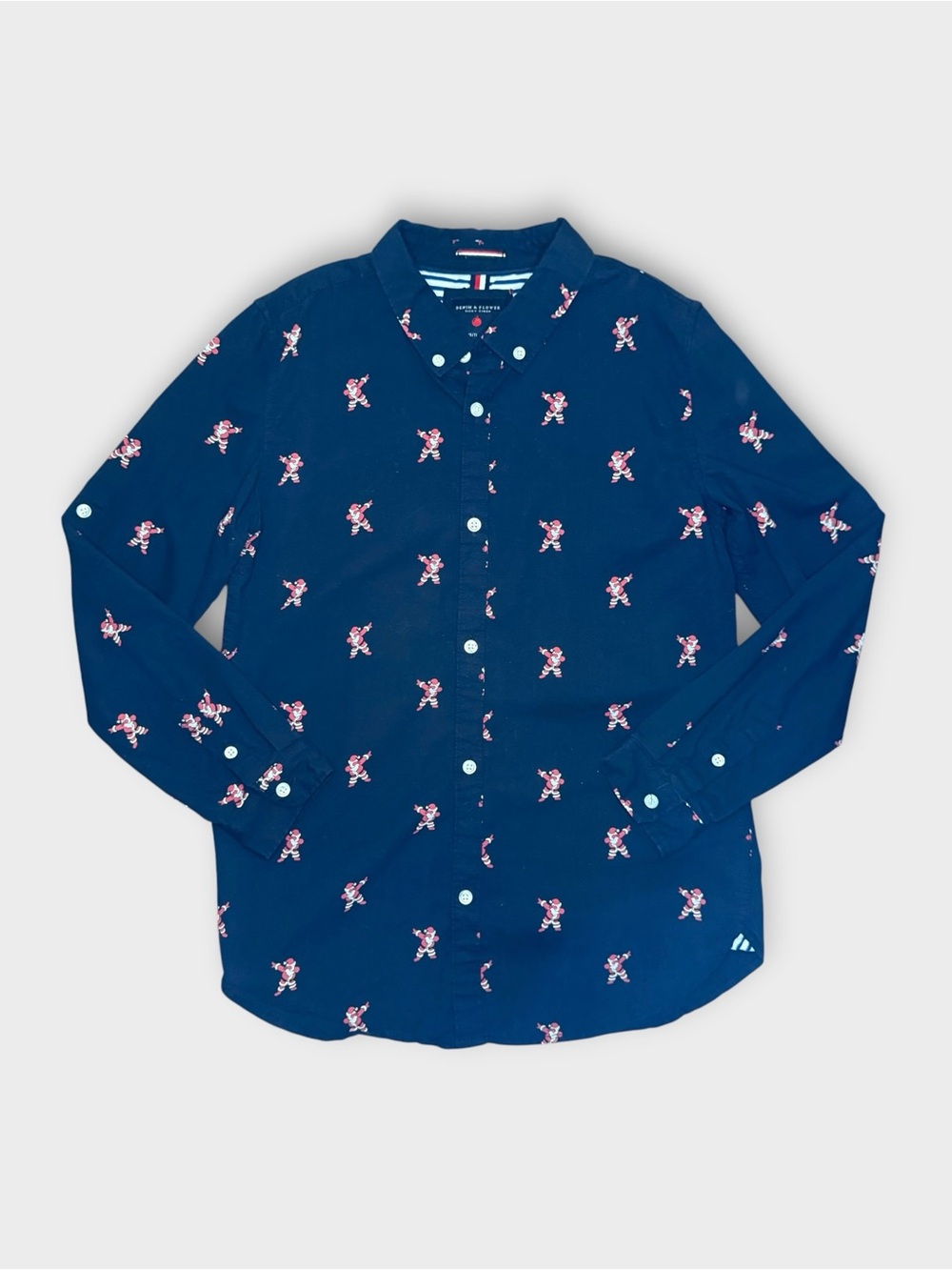 Denim & Flower Dancing Santa Holiday Navy Blue Button Down Shirt